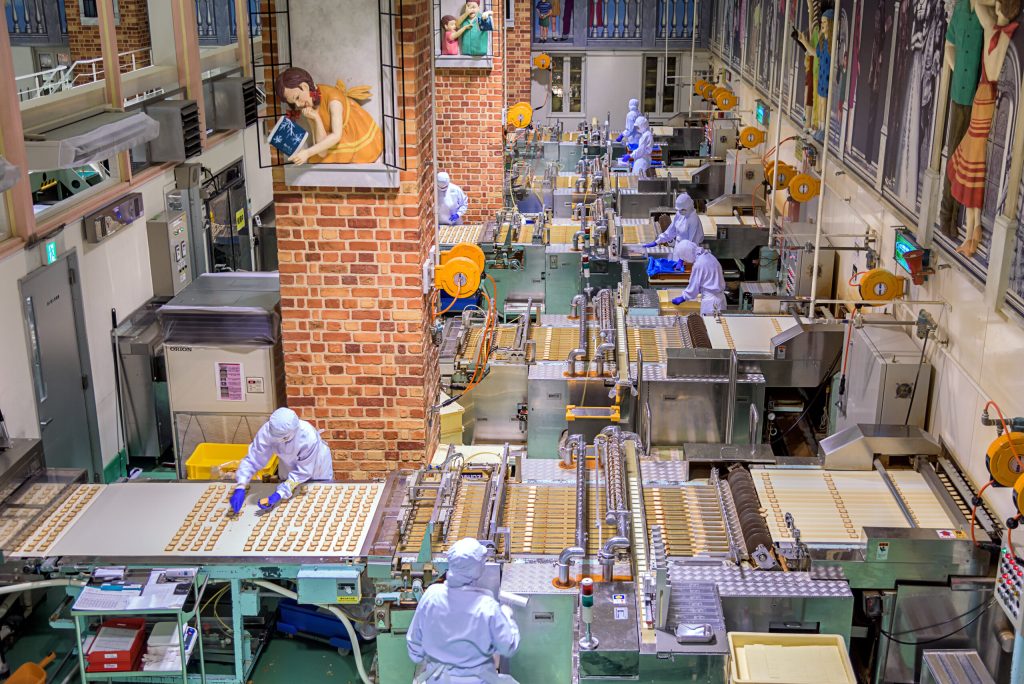 Overhead shot of a food-processing facility with an epoxy floor.
